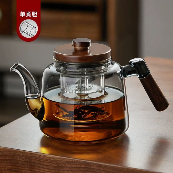 내열유리티팟 하이라이트 티팟세트 우들핸드 차우리기 유리차 내열유리 원목손잡이 티메이커, 단일 조리통 연그레이 주전자 1200ml 1L 이상