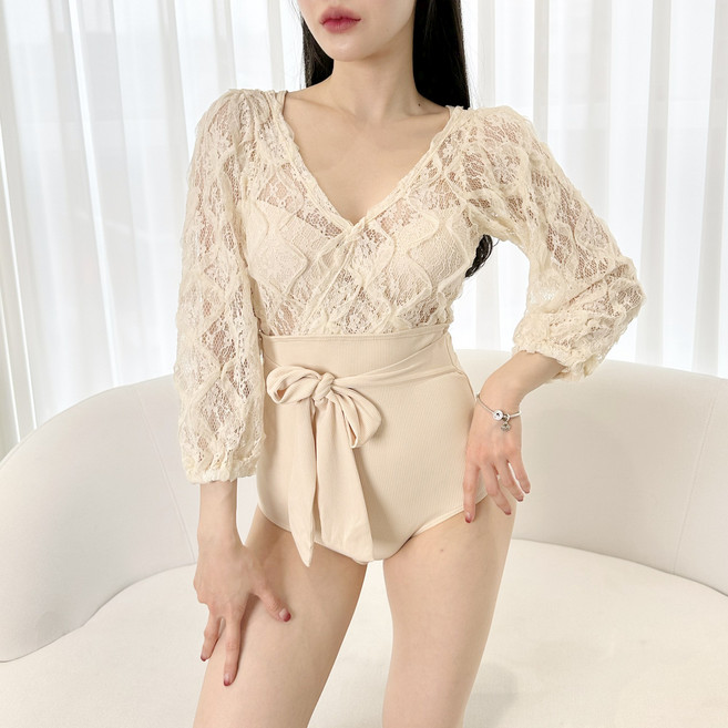 cammello 긴팔 레이스 탑 허리 스트랩 모노키니, 아이보리