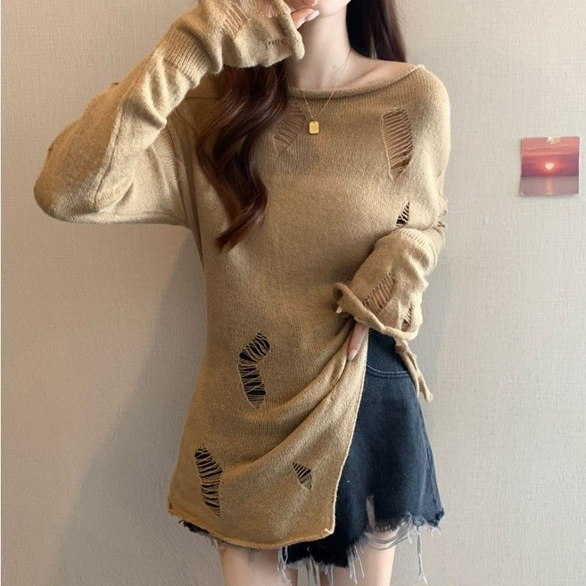 COSYEVNO 여성 언발란스 밑단 빈티지 디스트로이드 니트 티셔츠 루즈핏 LFHfstx-8