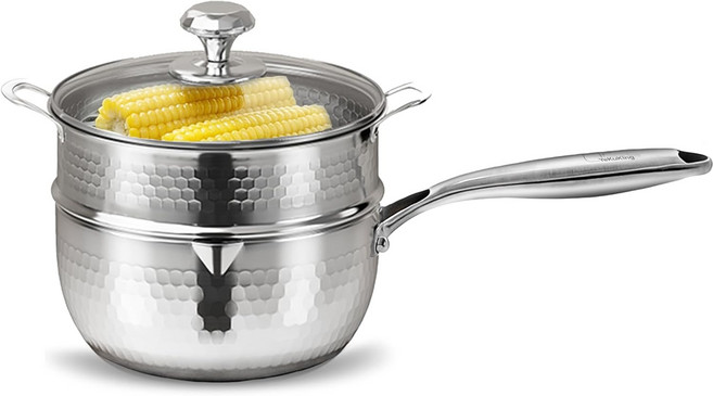 2 QT 트리플플라이 스테인리스 스틸 해머드 소스팬 찜기 눈에 보이는 뚜껑과 부은 일본식 우유 냄비 요리용 국수 파스타 수프 야채 인덕션 호환 식기세척기 안전, Silver