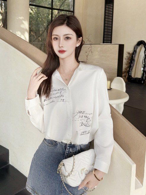 해피유통 셔츠 봄 여름 여자 루즈핏 캐주얼 문예풍 빈티지 레터링 낙서 상의 mgy