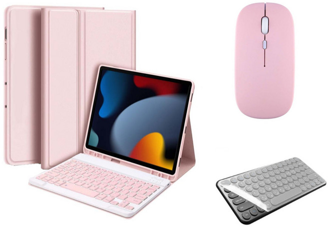 아이패드 호환 에어 프로 미니 1/2/3/4/5/6/7/8/9/10 세대 M2 M4 펜슬 수납 블루투스 키보드 케이스 무선 마우스 세트 iPad Pro Air Mini 케이스나라, 핑크