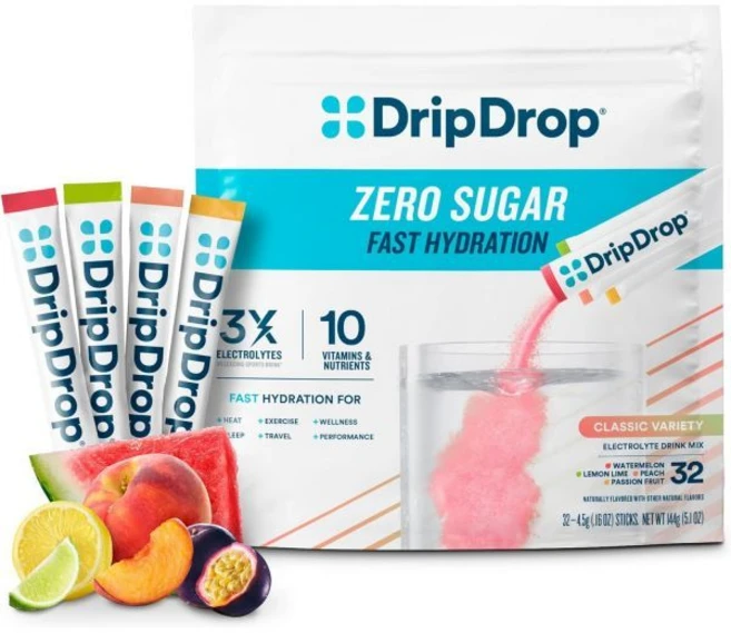 스포츠 운동 음료 믹스 파우더 DripDrop 드립드롭 무설탕 수분 공급 패킷 제로 클래식 다양팩 1회용 전해질 레몬 라임 수박 복숭아 패션프루트 비변형 글루텐 프리 비건 16, 클래식 다양성 팩, 32개 묶음 - 쿠팡