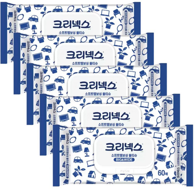 크리넥스 큼직한 소프트엠보싱 안심물티슈, 60매, 6개