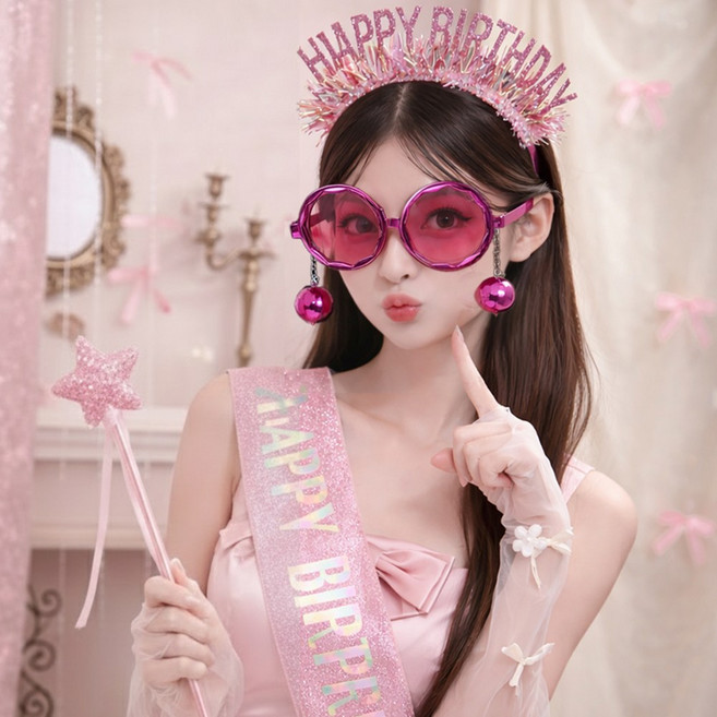 아이스타 생일파티 4종풀세트(선글라스. 머리띠. 어깨띠. 별봉), 1세트, 핑크