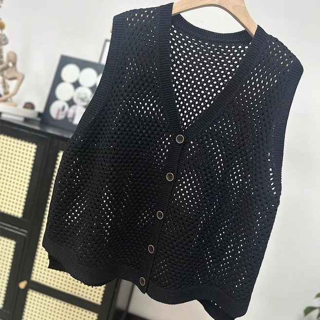 여성 봄 여름 니트 조끼 캐주얼 브이넥 니트 베스트 빈티지 얇은 펀칭 니트 루즈핏 민소매 니트 조끼 베스트 빅사이즈