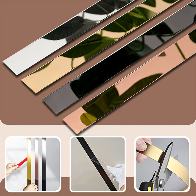스텐레스 스틸 플레이트 몰딩 배경 벽 몰딩 메탈 접착식 테두리 라인 1롤, 실버 미러
