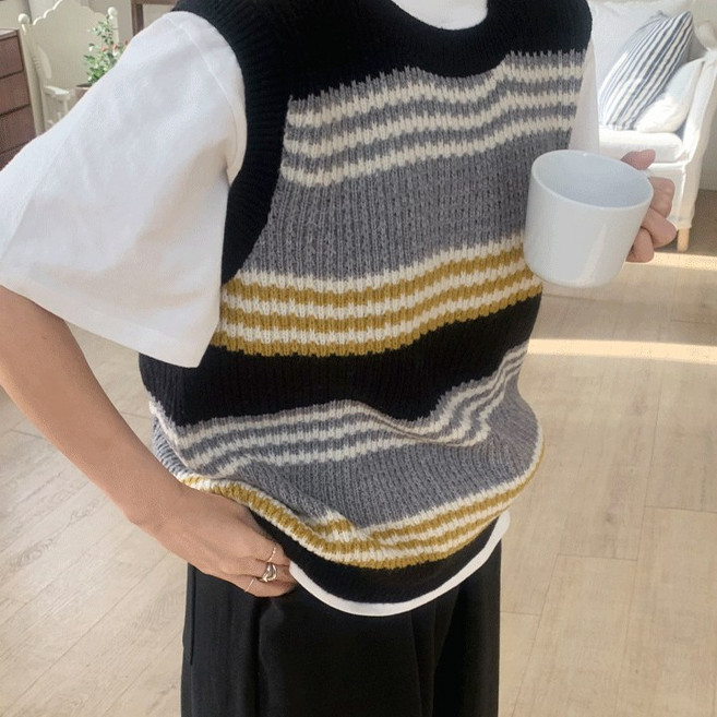 애플망고옷장 여성 한라 5815 단가라 니트 조끼 간절기 겨울 라운드 베스트