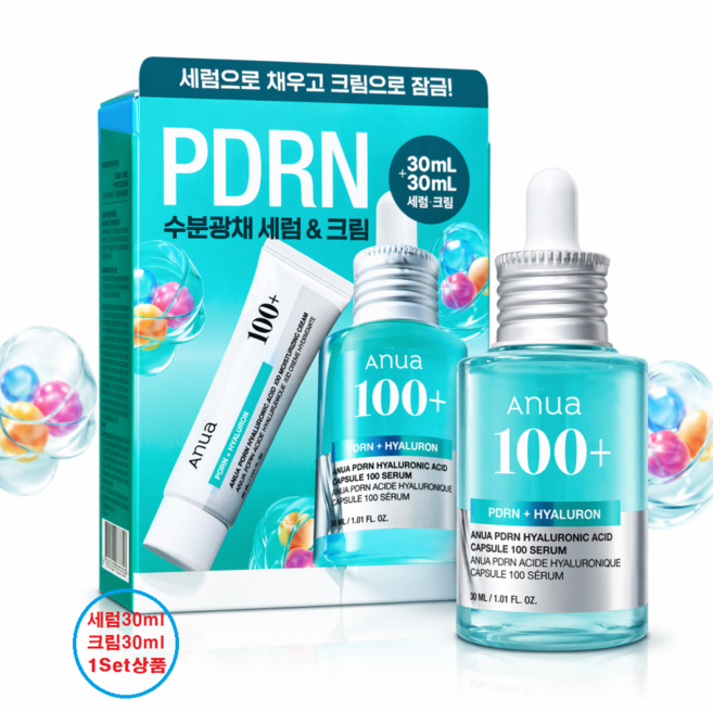 아누아 피디알엔 PDRN 히알루론산 수분광채 피부 컨디션케어 세럼30ml + 크림30ml 세트, 2개, 30ml