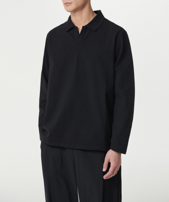 무신사스탠다드 슬릿 넥 긴소매 피케 폴로 셔츠 블랙 1642180