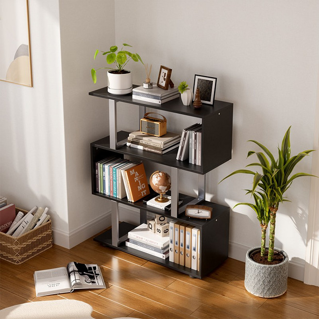 월로덴 책장 책꽂이 전면 낮은책장 파티션 책장, 블랙/실버, 3단