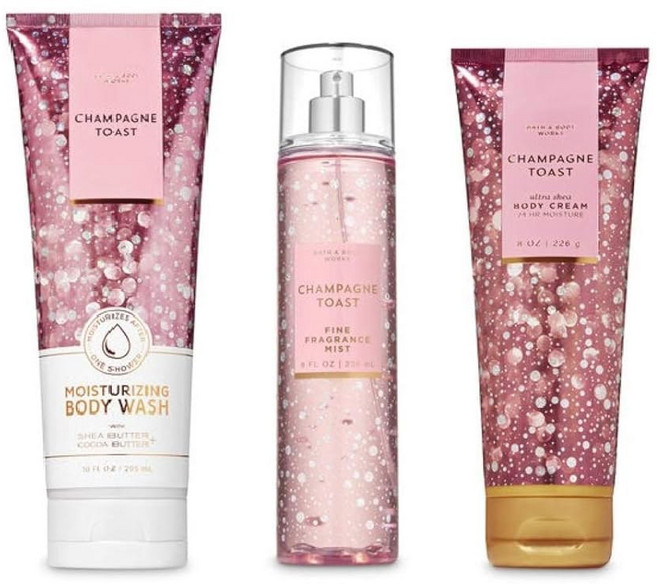 목욕 및 바디 웍스 - 샴페인 토스트 - 3개. 선물 세트 - 보습 바디 워시 파인 프래그런스 미스트 울트라 시어 바디 크림 - 2019 에디션, 1개
