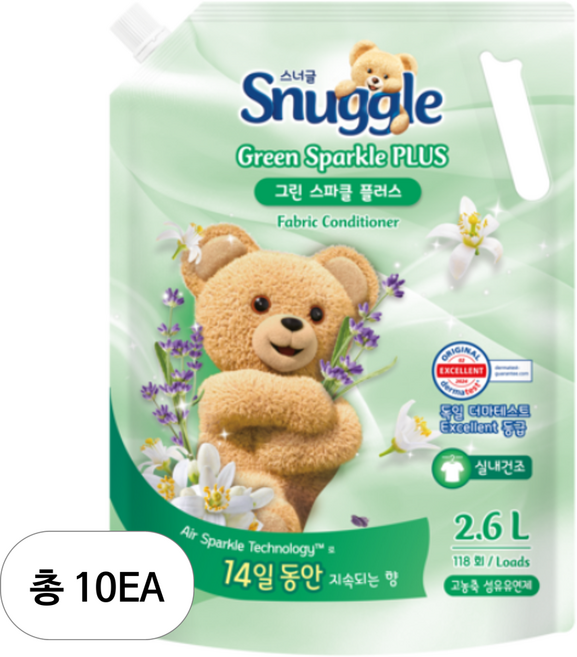 스너글 그린스파클 플러스 섬유유연제 포근향 리필, 2.6L, 10개