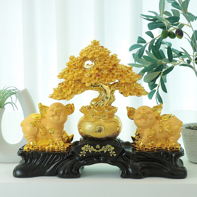 골드디자인 행운의 금전가득 골드도금 돈나무 돼지 풍수 인테리어 장식품