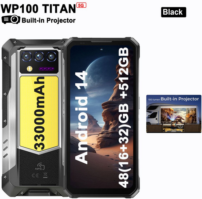 오키텔 WP100 5G 러기드 레이저 거리측정기 33000mAh 스마트폰 36(12+24)GB+512GB 66W 안드로이드14 휴대폰, 01 WP100 Titan, 512GB