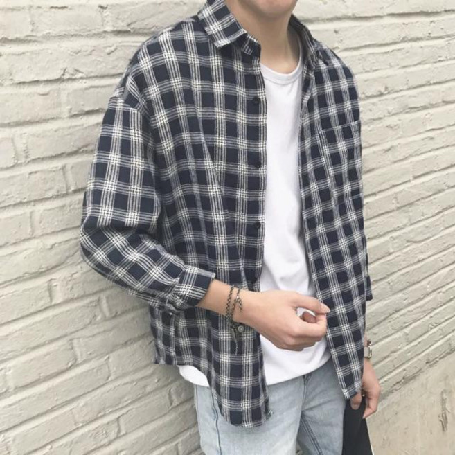【Gshop.】灰色格子襯衫男長袖，寬鬆休閒春秋季外套條紋襯衫