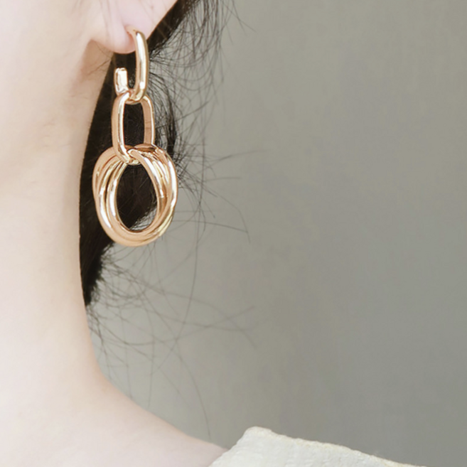 MOOLDN 타원 체인 쓰리 링 드롭 볼드 귀걸이 (3colors)