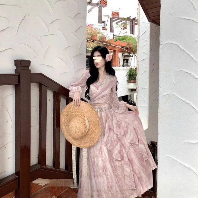 미중 여성 봄 가을 뉴 선녀 레이스 브이넥 프린트 긴팔 + 프릴 치마 세트jn