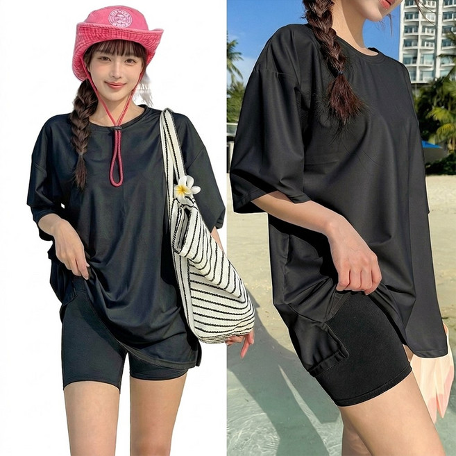 비키비키 데스틴 여성 래쉬가드 상의 루즈핏 비치웨어 수영복 UPF50+, 블랙