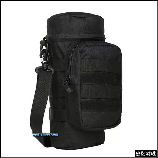 【野戰搖滾-生存遊戲】Molle戰術模組化水壺袋附背帶 登山戶外水瓶袋水杯袋 側背腰掛水壺包, 黑色, 1個