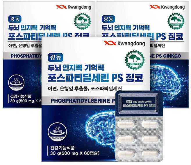 광동 두뇌 인지력 기억력 포스파티딜세린 PS 징코 은행잎 추출물 혈행개선, 3개, 60정