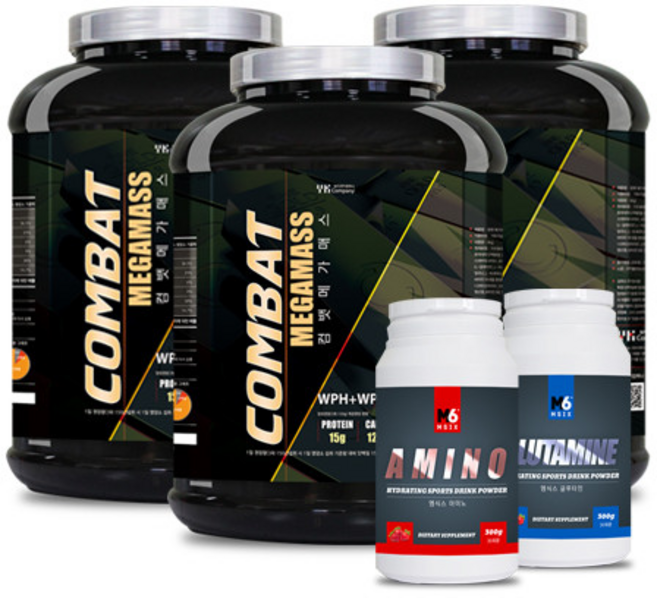 [중급자체중증가세트 3개월 완성 플랜] 컴벳 메가메스3통 엠식스 글루타민 엠식스 아미노, 500g