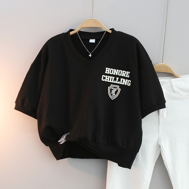 달콩 칠링V넥크롭맨투맨 여성 반팔 데일리룩