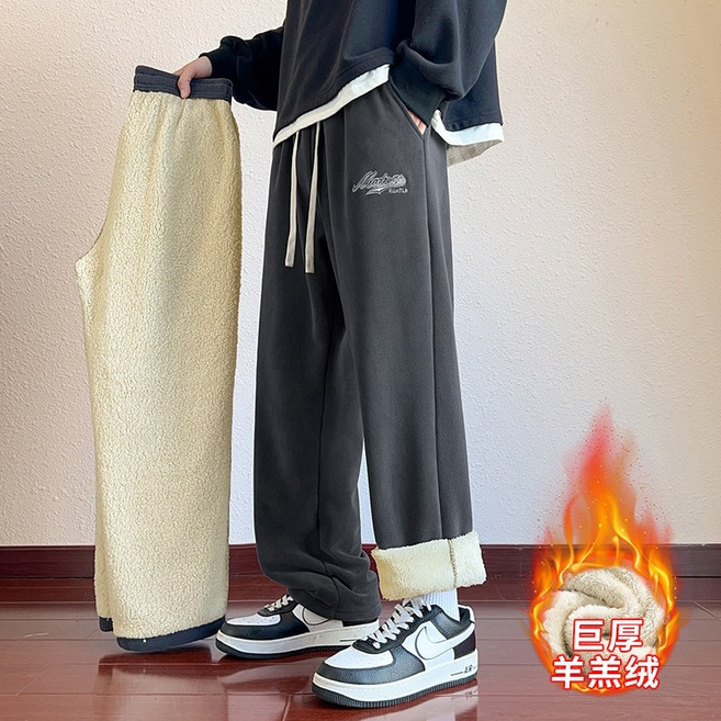 升級加厚版羊羔絨刷毛保暖長褲 發熱加絨運動褲 寬鬆男女同款 刺繡款 灰色
