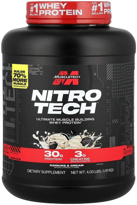 MuscleTech Nitro Tech 유청 단백질 머슬빌더 포뮬라 쿠키 앤 크림 1.81kg(4lbs), 1.81kg, 1개 - 쿠팡