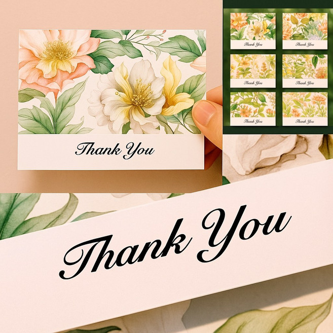 고급 플라워 미니 감사카드 12p + 투명 봉투 세트 Thank You 답례 메세지 꽃 편지지