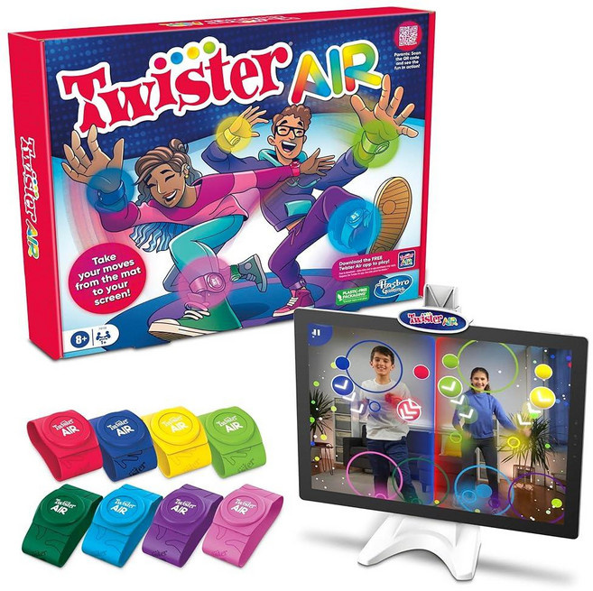 Hasbro Gaming Twister Air Game | 손목 및 발목 밴드가 있는 AR 앱 플레이 게임 스마트 장치에 대한 링크 어린이 성인용 액티브 파티 만 8세 이상 1, 1개