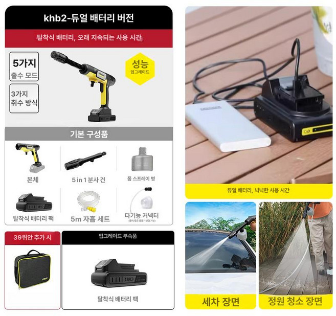 카처 KARCHER 세차기 미니 고압세척기 휴대용 접이식 생수병 호환 사용 버전, KHB2 듀얼 배터리 분리형배터리, 기본 모델명/품번
