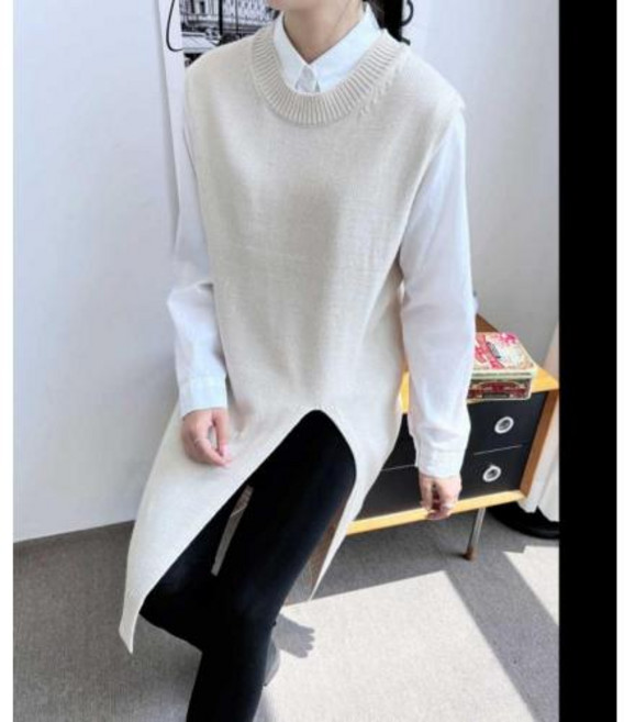 여자 앞트임 니트조끼 롱원피스 라운드넥 레이어드룩