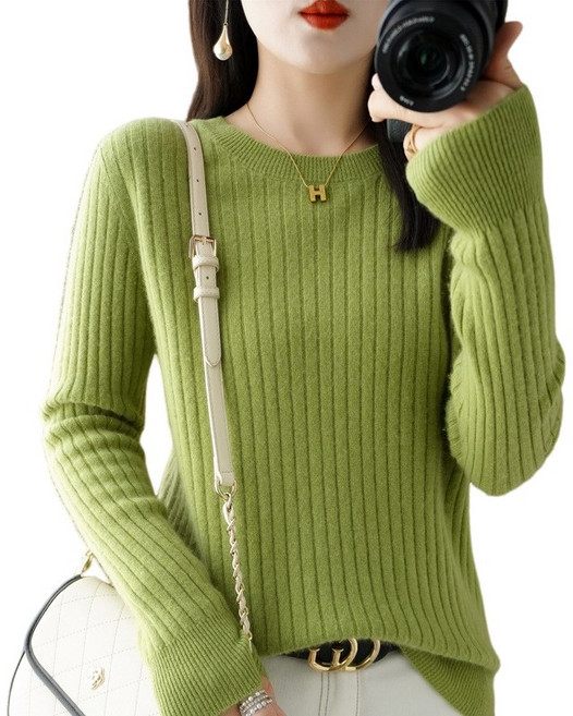 여성용 베이직 골지 라운드넥 니트 긴팔티 부드러운 간절기 데일리룩 티셔츠 Knitted T-shirt GH2217