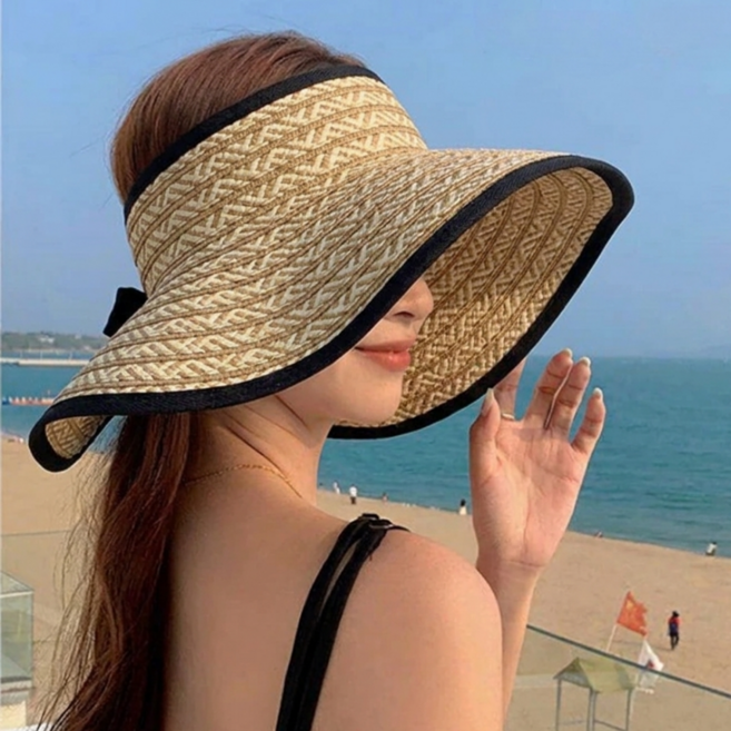 자오자오 여성용 돌돌이 와이드챙 밀짚 썬캡 자외선차단 바캉스 여름 모자