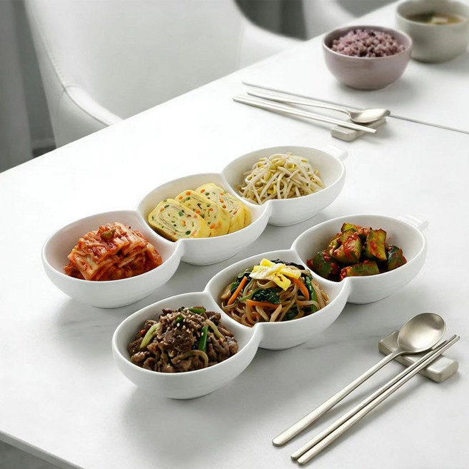 WHH 화이트 3칸 나눔접시 자기 반찬 그릇 나눔 찬기 세트, 2개, A