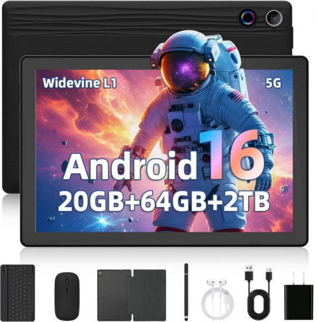 글리소 태블릿 최신 안드로이드 16 10인치 20GB+64GB+2TB TF 6000mAh 배터리 이중 카메라 와이드바인 L1 페이스 아이디 와이파이 6 블루투스 5.4 키보드, Gleeso 검정