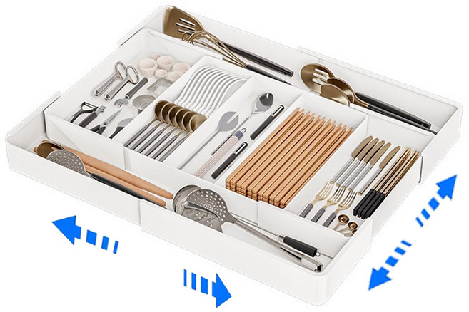 ZOZOFO 최신형 신축식 수저분리함 주방 프리미엄 서랍형 수납함 싱크대 다용도 분리 수납 서랍정리 수저함 트레이 수납장, 화이트, 1개