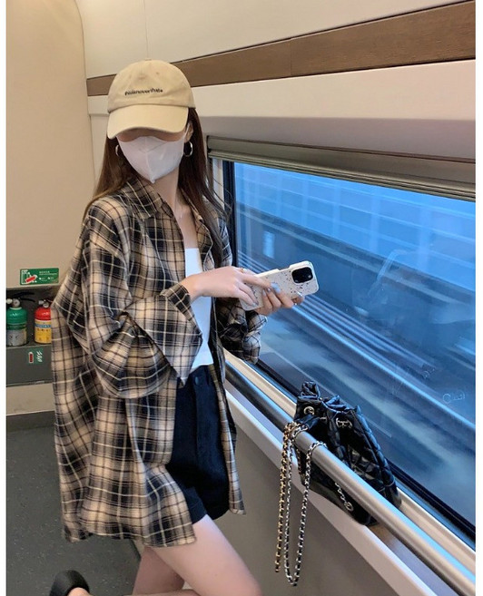 早秋慵懶風寬鬆格子襯衫女復古長袖休閒上衣外套