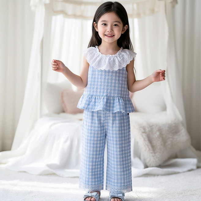 달콩슈 여아용 여름 잠옷 상하의 세트 체크 레이스 파자마 아동 DKP911