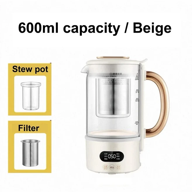 600ml 미니 헬스 케틀 사무실 온도 조절 유리 차 메이커 타이머 기능 주전자 휴대용, 03 영국, 01 China Mainland, 02 Beige