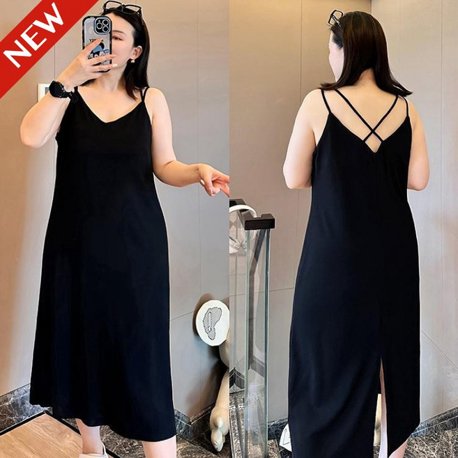 (완전 편한) 150kg까지 빅사이즈 여성 백트임 브이넥 롱 끈 원피스 잠옷 여름 루즈핏 뒤트임 디자인 얇은 섹시 오버핏 베이직 홈웨어 검정 고급 심플 캐주얼 a라인 민소매 수면옷