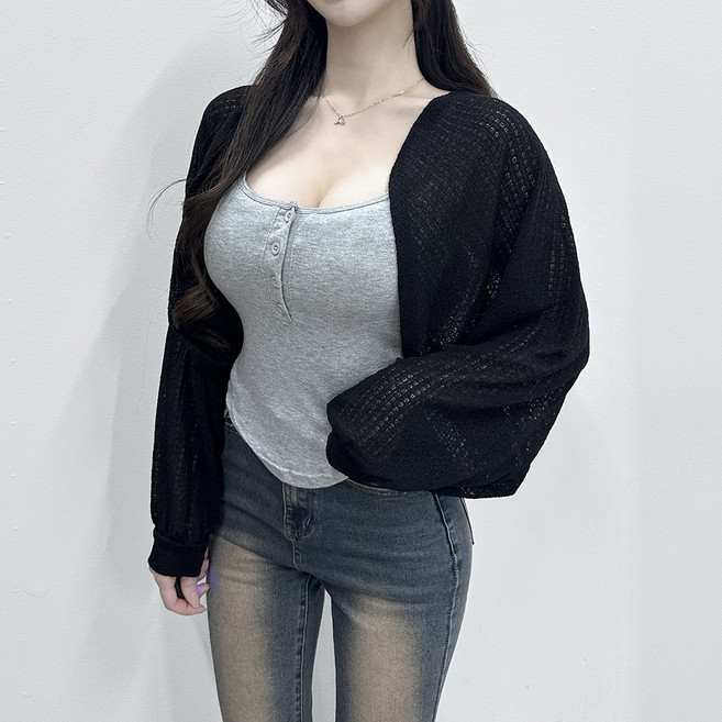 VANANA2 핏예쁜 간절기 여름 살안타템 린넨 니트 긴소매 시스루 벌룬 볼레로 숏 가디건