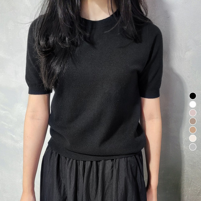 더반디 여성 베이직 간절기 반팔 라운드 니트