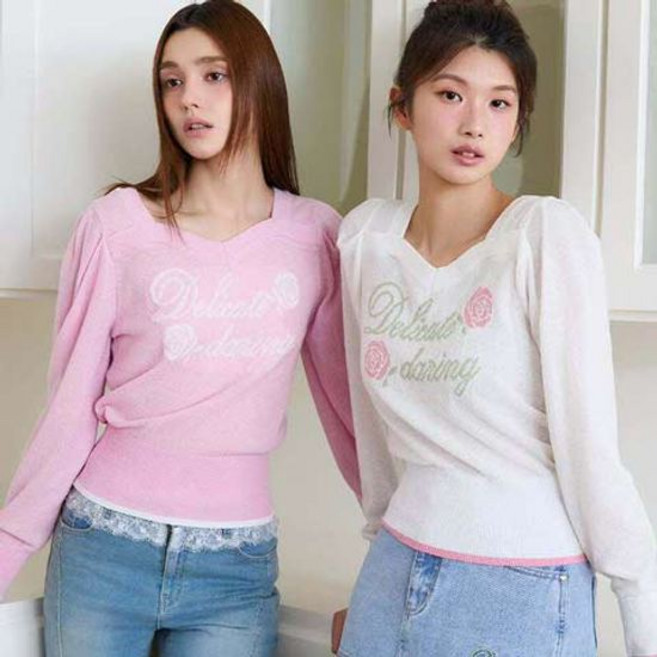 에고이스트 ES2OKL01 로즈레터링 배색 하트넥 니트탑 2978813