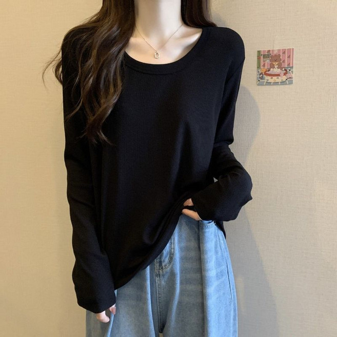 U領長袖T恤女 春季新款寬鬆顯瘦百搭打底衫