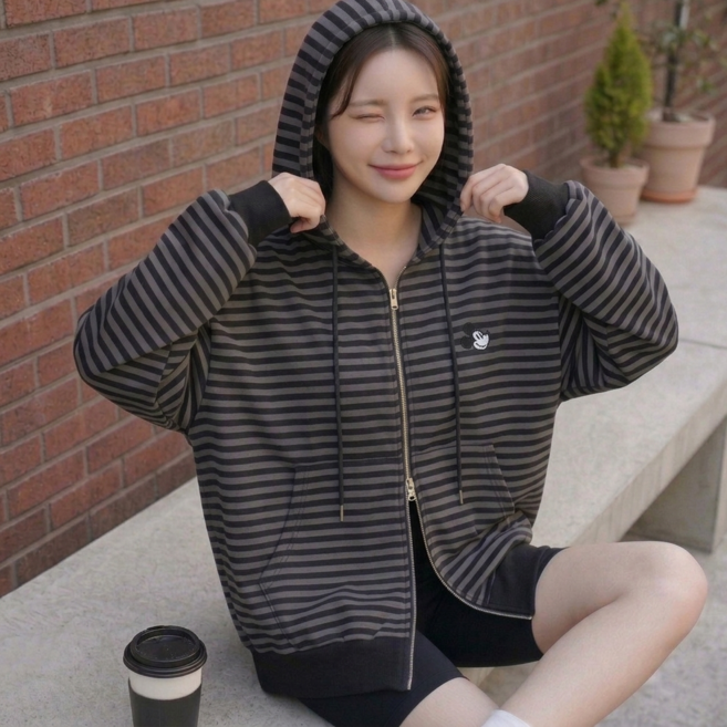 디즈니 미키 스트라이프집업 후드집업 오버핏 쭈리 집업