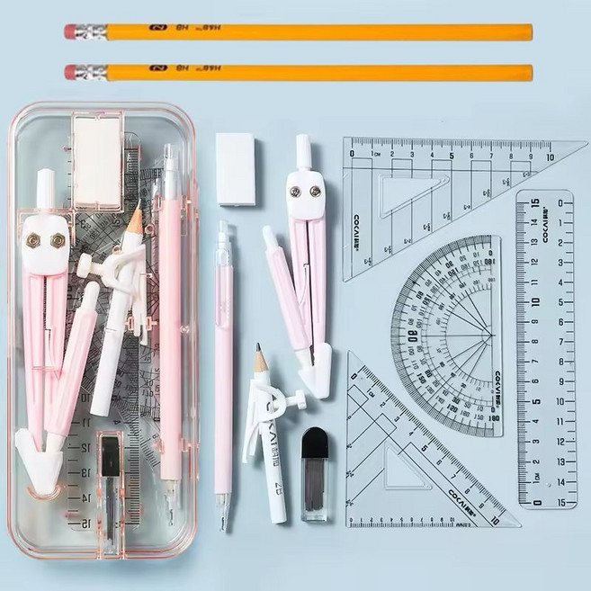 CLASSYDAY 제도용 설계용 각도기 컴퍼스 삼각자+오피스연필 2EA 12종 세트, 1개, 핑크