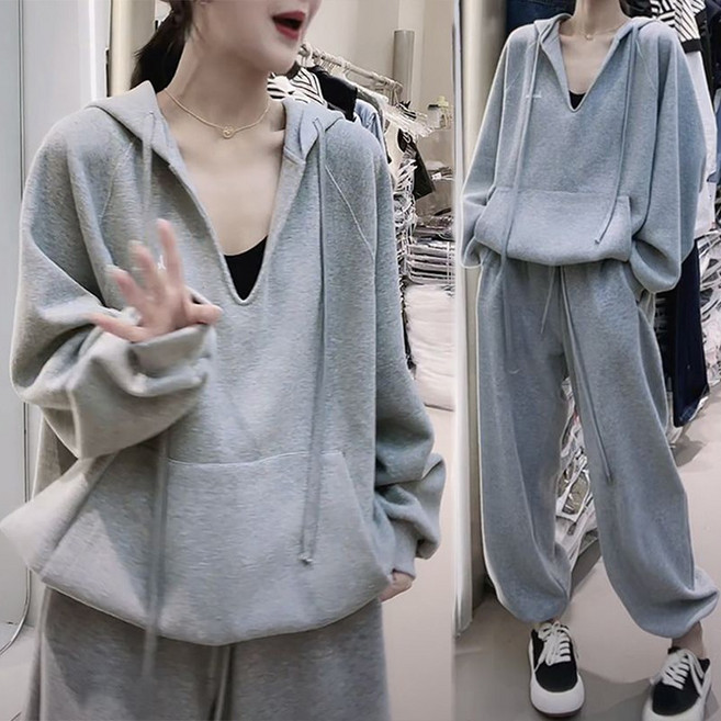 오버핏 빅사이즈 트레이닝복 여성의류 브이넥 후드티 조거팬츠 2종세트 여자 투피스