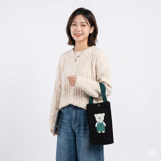 곰돌이 텀블러 가방 물병 파우치 음료주머니 텀블러백, 1개, 베이지